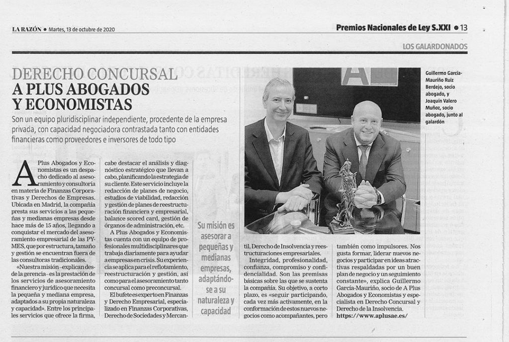 A Plus Abogados y Economistas, S.L.P recibe el Premio Nacional de Ley Siglo XXI 2020 en la categoría de derecho concursal. 1